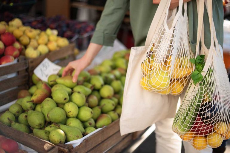 Reusable cotton and mesh eco bags for shopping