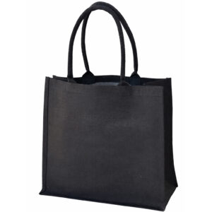 Black juco tote bag with handles made from jute and cotton blend
